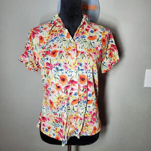 Liz Claiborne Crazy Horse Floral Cotton Lightweight Button Down Shirt Size Small